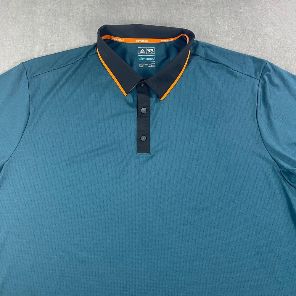 Adidas Men 3XLT Teal Polo Climacool Golf Shirt Orange Trim 4885